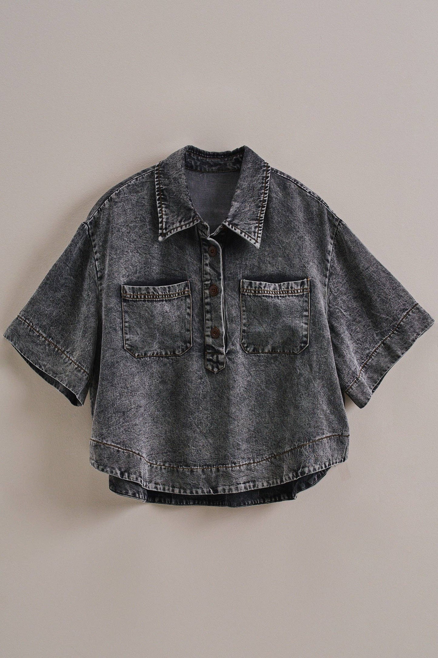 Urban Daizy - Washed Denim Half Placket Cropped Utility Shirt