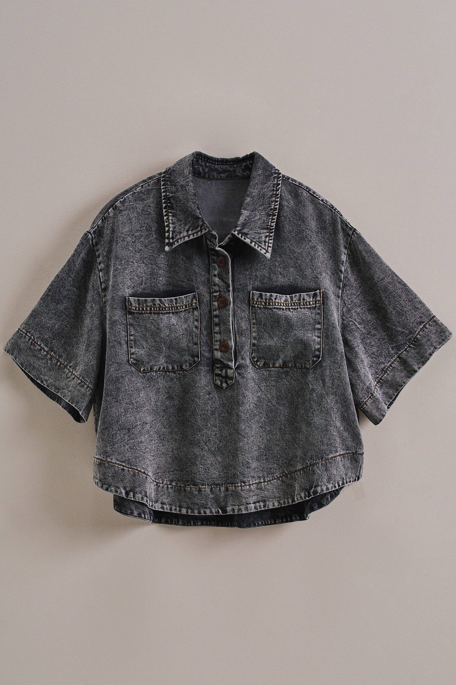 Urban Daizy - Washed Denim Half Placket Cropped Utility Shirt-Goodwynn'sGoodwynn's