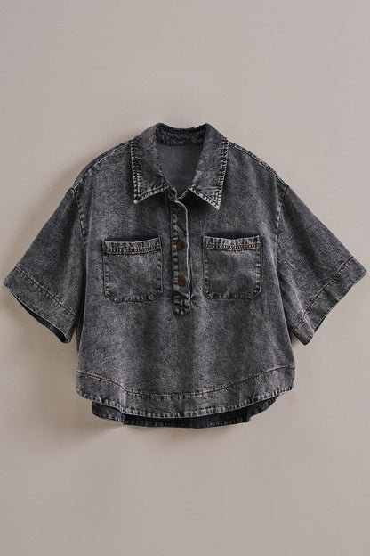 Urban Daizy - Washed Denim Half Placket Cropped Utility Shirt