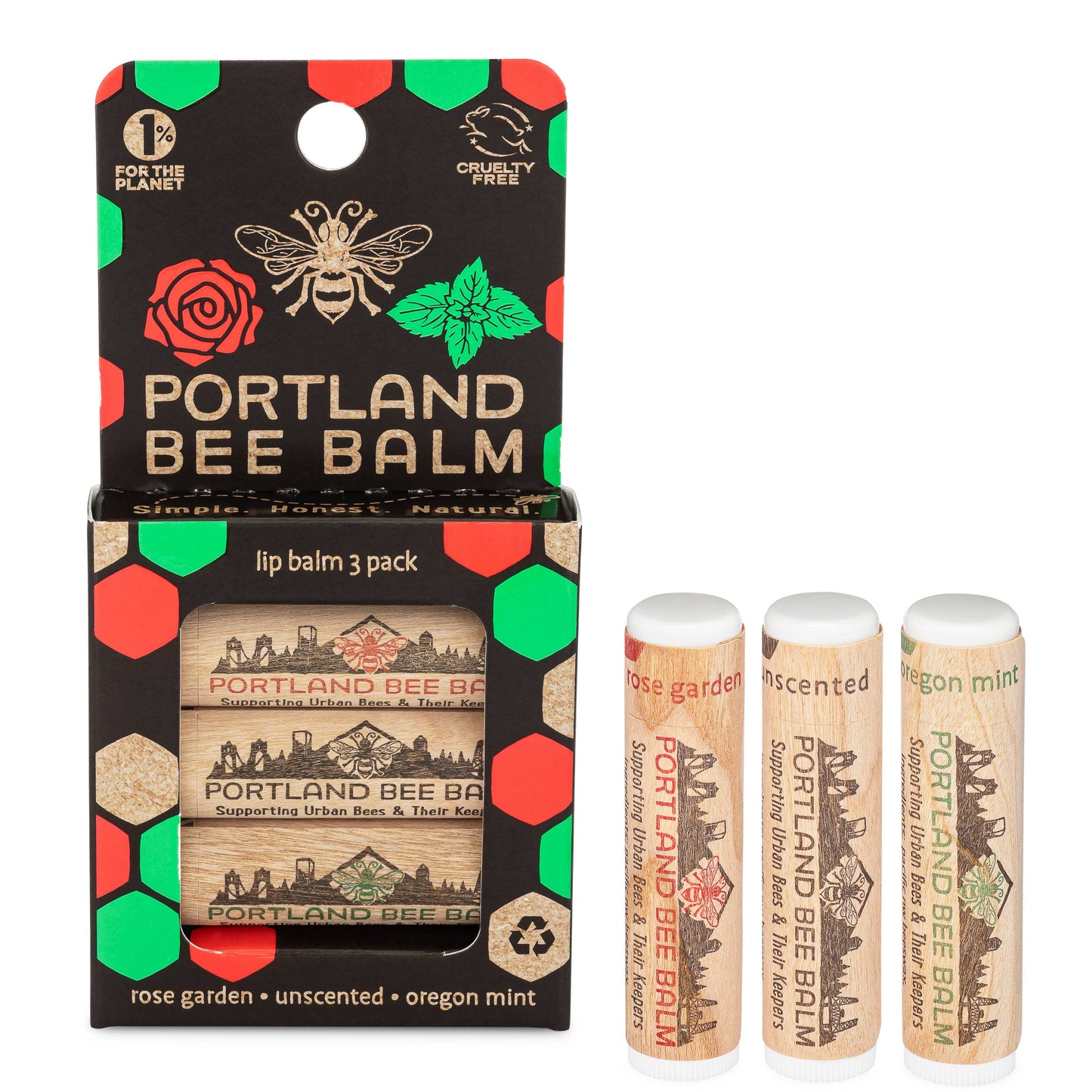 Portland Bee Balm - Beeswax Lip Balm 3-Pack (Oregon Mint, Rose, Unscented)