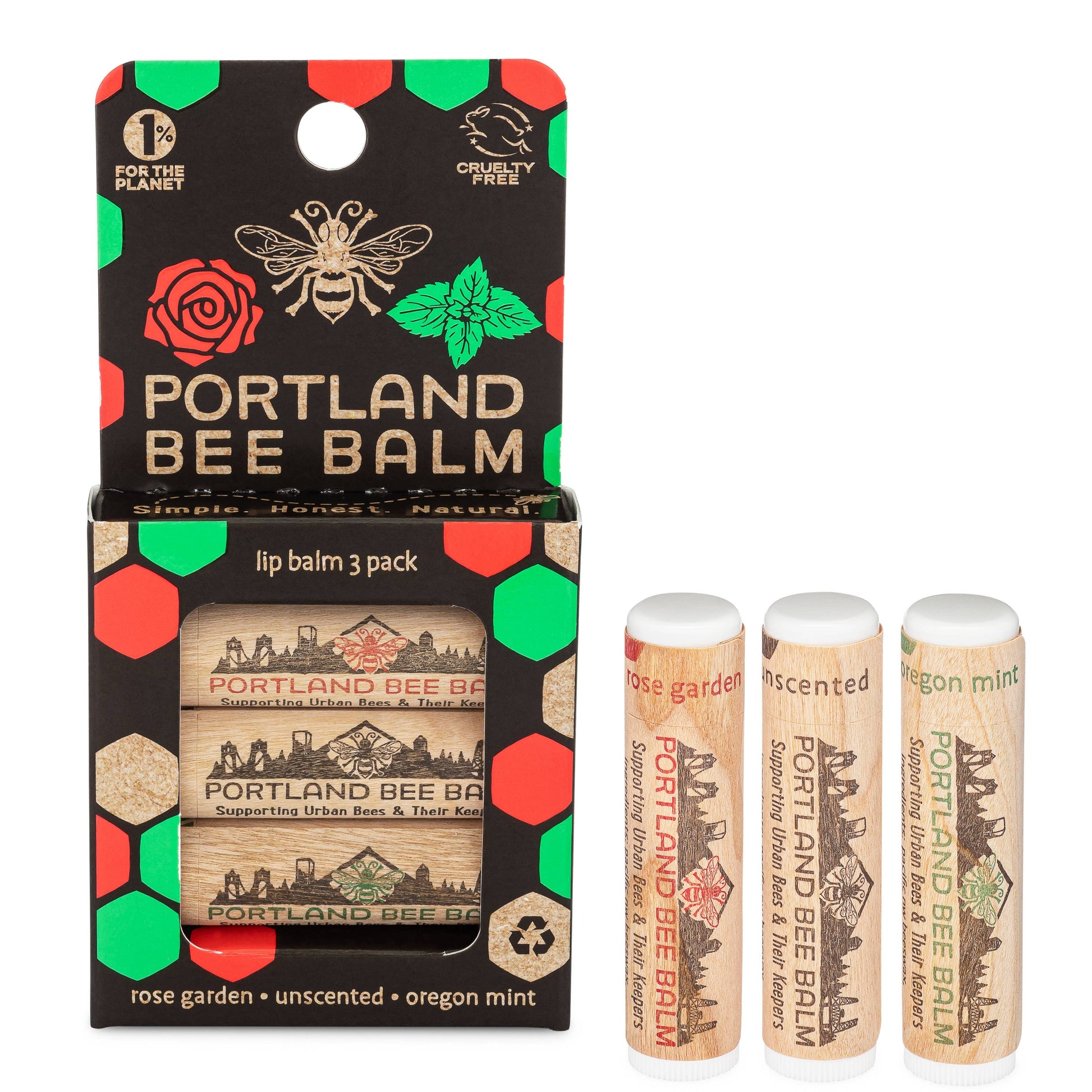 Portland Bee Balm - Beeswax Lip Balm 3-Pack (Oregon Mint, Rose, Unscented)-Goodwynn'sGoodwynn's