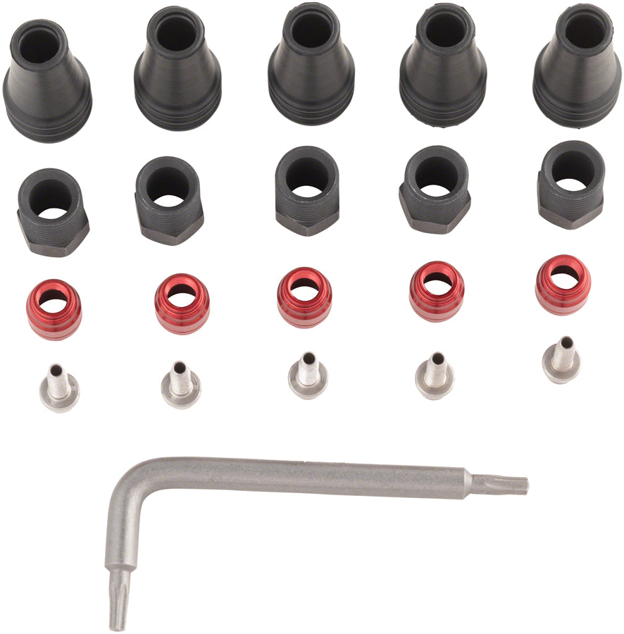 SRAM Red/Force AXS 2-Pc Disc Brake Hose Fitting Kit - 5 Threaded Hose Barbs 5 Compression Nuts 5 Boots Red Comp Olives 1 T8 Torx-Goodwynn'sGoodwynn's