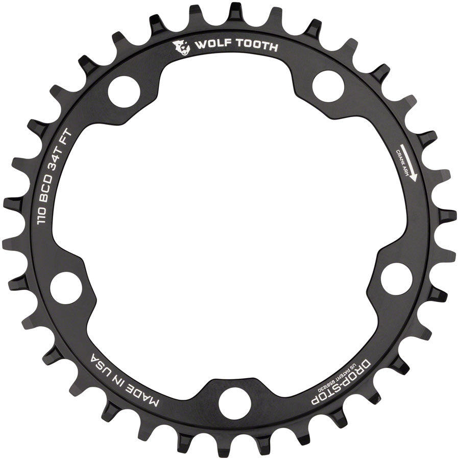 Wolf Tooth 110 BCD Cyclocross Road Chainring - 34t 110 BCD 5-Bolt Drop-Stop 10/11/12-Speed Eagle Flattop Compatible BLK-Goodwynn'sGoodwynn's