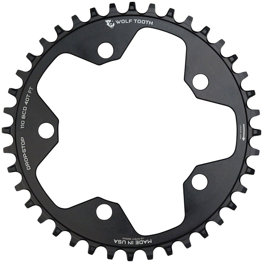 Wolf Tooth 110 BCD Cyclocross Road Chainring - 40t 110 BCD 5-Bolt Drop-Stop 10/11/12-Speed Eagle Flattop Compatible BLK-Goodwynn'sGoodwynn's