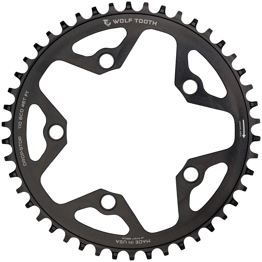 Wolf Tooth 110 BCD Cyclocross Road Chainring - 46t 110 BCD 5-Bolt Drop-Stop 10/11/12-Speed Eagle Flattop Compatible BLK-Goodwynn'sGoodwynn's